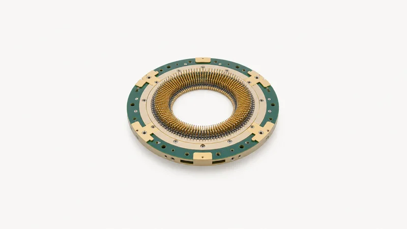 Isolated a wafer-probe card with a ring of fine needles centred on a seamless pale off-white studio background, generous empty margin on every side for overlaid branding