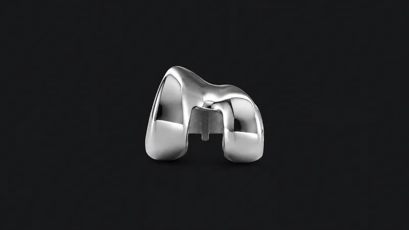Isolated a cobalt-chrome knee-implant femoral component centred on a seamless deep charcoal near-black studio background, generous empty margin on every side for overlaid branding
