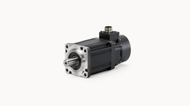 Isolated a servo motor with an absolute encoder cap centred on a seamless pale off-white studio background, generous empty margin on every side for overlaid branding