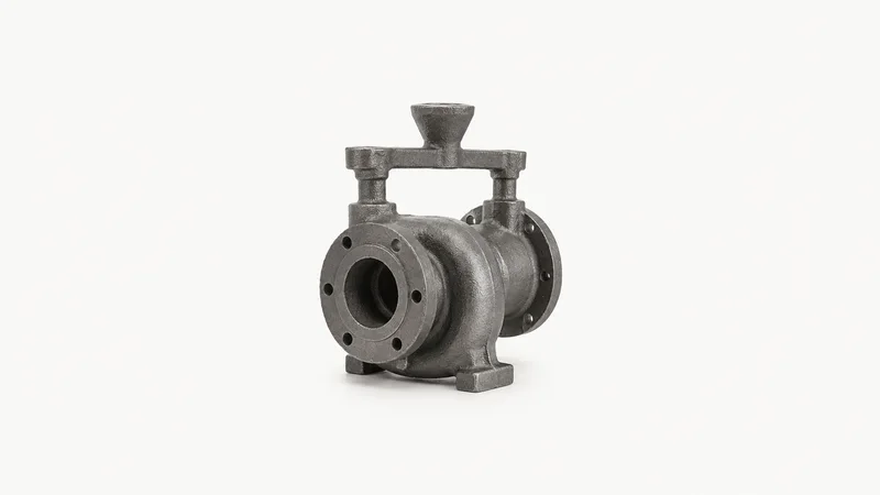 Isolated a ductile-iron casting with its runner still attached centred on a seamless pale off-white studio background, generous empty margin on every side for overlaid branding