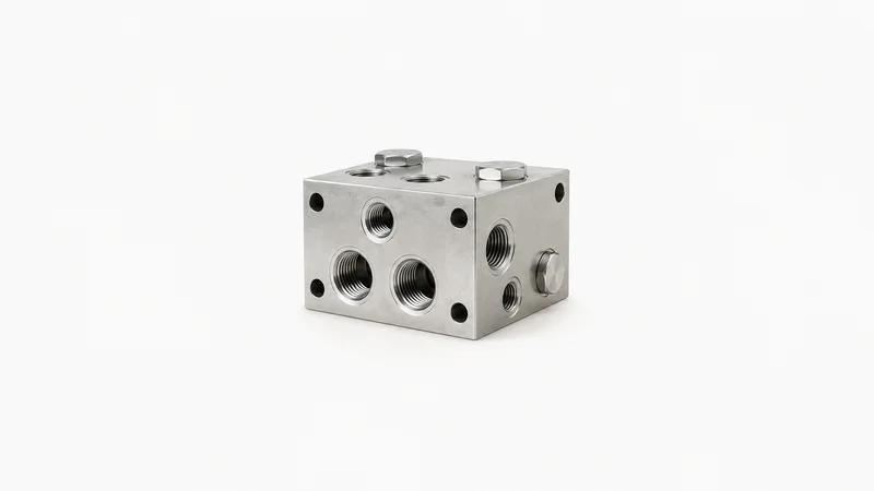 Isolated a hydraulic manifold block with ported faces centred on a seamless pale off-white studio background, generous empty margin on every side for overlaid branding