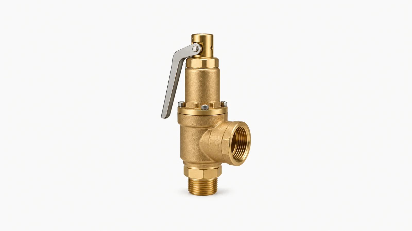 Isolated a pressure-relief valve with a brass body and lifting lever centred on a seamless pale off-white studio background, generous empty margin on every side for overlaid branding