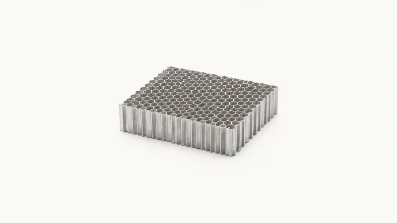 Isolated a honeycomb aluminium core block centred on a seamless pale off-white studio background, generous empty margin on every side for overlaid branding
