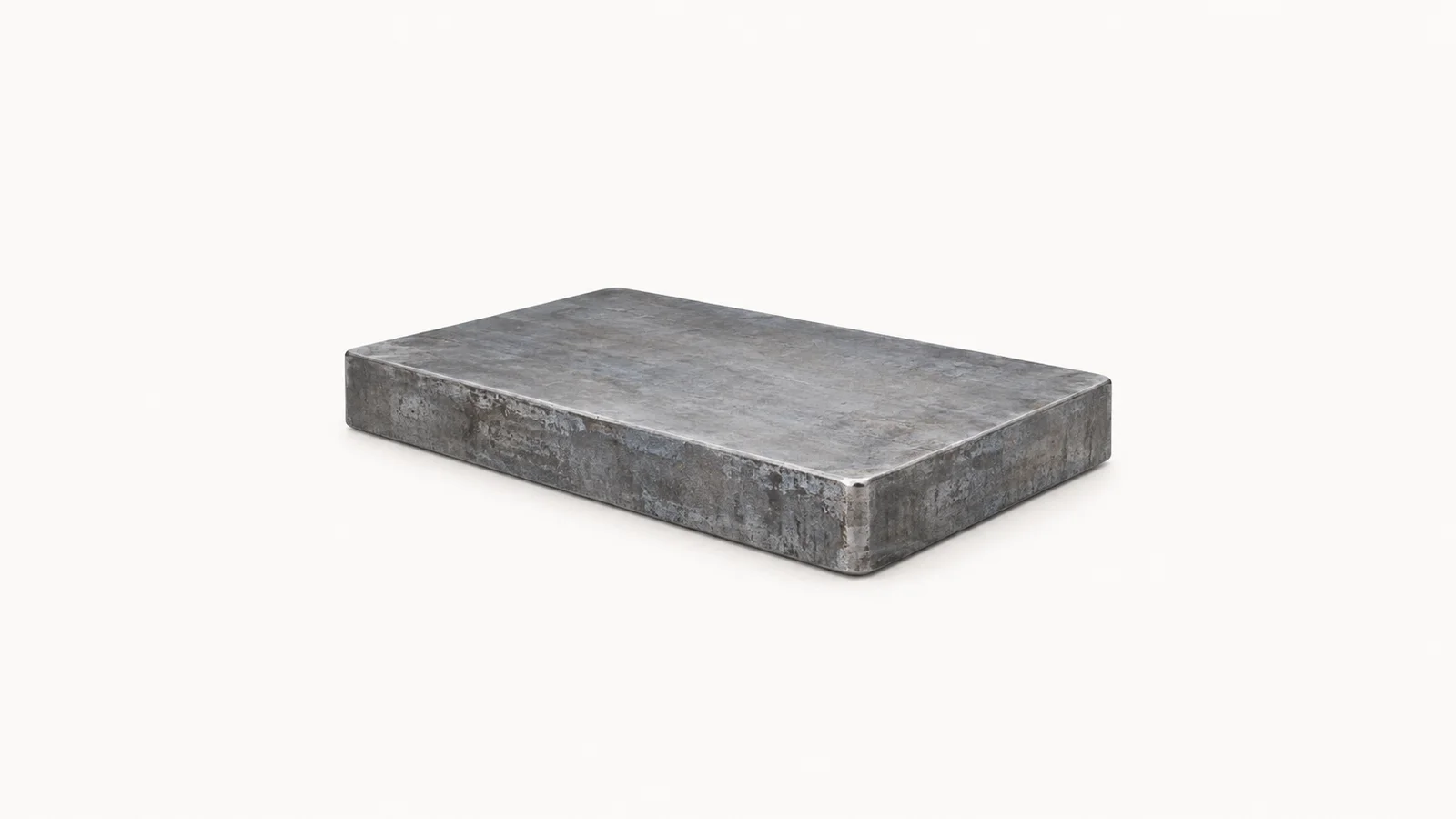 Isolated a slab of continuously cast steel with rounded corners centred on a seamless pale off-white studio background, generous empty margin on every side for overlaid branding