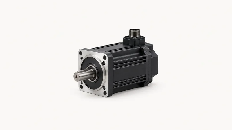 Isolated a servo motor with a keyed output shaft centred on a seamless pale off-white studio background, generous empty margin on every side for overlaid branding