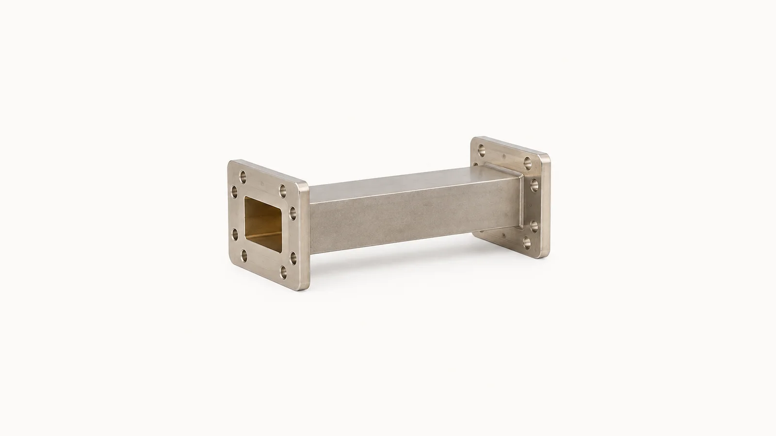Isolated a radio-frequency waveguide section with flanged ends centred on a seamless pale off-white studio background, generous empty margin on every side for overlaid branding