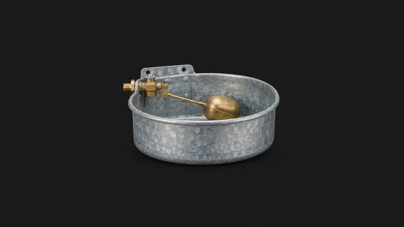 Isolated a galvanised cattle drinking trough bowl with a brass float valve centred on a seamless deep charcoal near-black studio background, generous empty margin on every side for overlaid branding