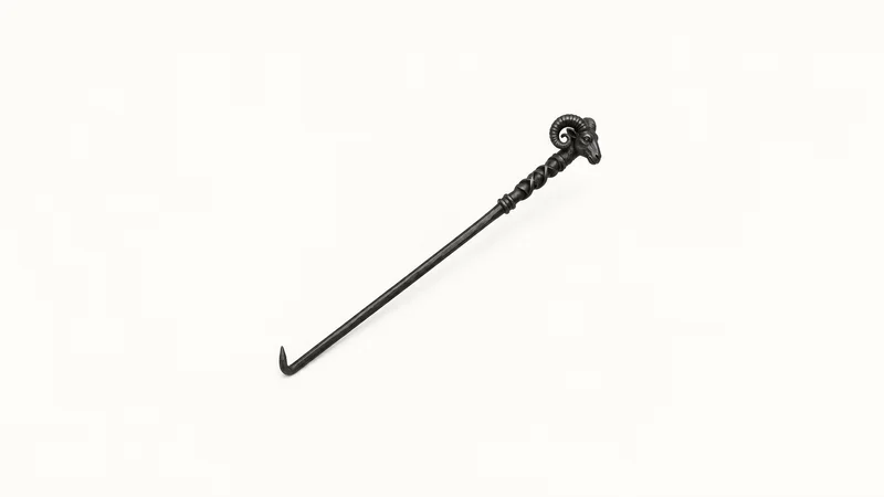 Isolated a forged iron fire poker with a rams-head twisted handle centred on a seamless pale off-white studio background, generous empty margin on every side for overlaid branding