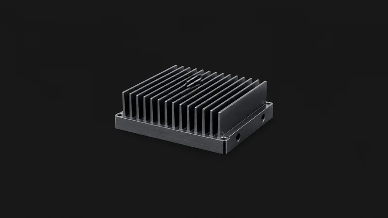 Isolated an anodised aluminium machined heat-sink block with fin geometry centred on a seamless deep charcoal near-black studio background, generous empty margin on every side for overlaid branding