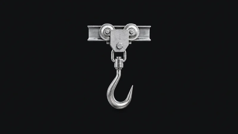 Isolated a frosted stainless-steel meat hook on a rail trolley centred on a seamless deep charcoal near-black studio background, generous empty margin on every side for overlaid branding
