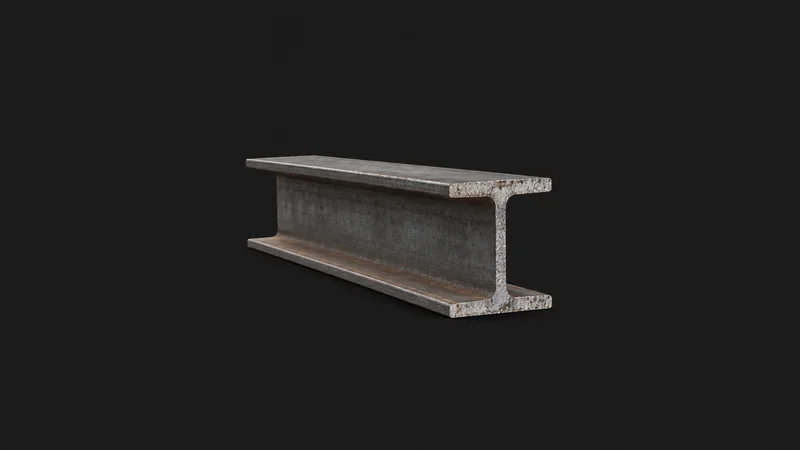 Isolated a rolled-steel universal beam section with a flame-cut end centred on a seamless deep charcoal near-black studio background, generous empty margin on every side for overlaid branding
