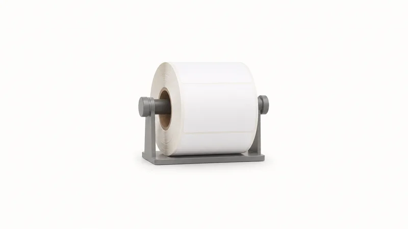 Isolated a single blank thermal address-label roll on a spindle centred on a seamless pale off-white studio background, generous empty margin on every side for overlaid branding