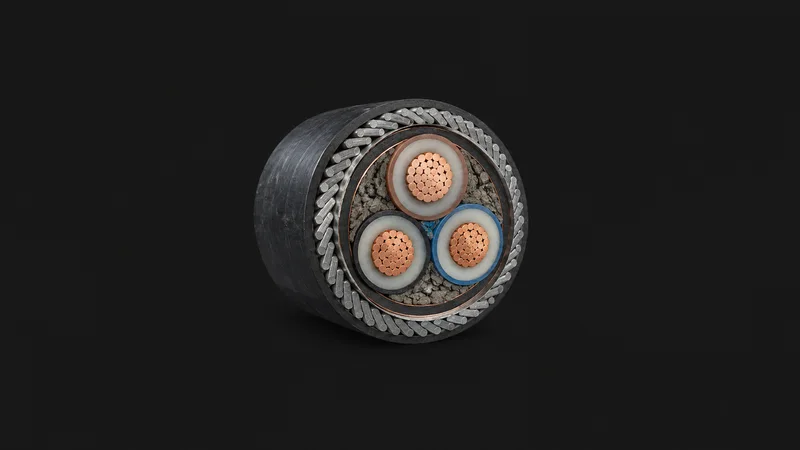 Isolated a cross-section of armoured high-voltage cable showing layered cores centred on a seamless deep charcoal near-black studio background, generous empty margin on every side for overlaid branding