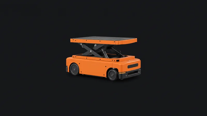 Isolated an orange autonomous mobile robot drive unit with a lifting platform centred on a seamless deep charcoal near-black studio background, generous empty margin on every side for overlaid branding