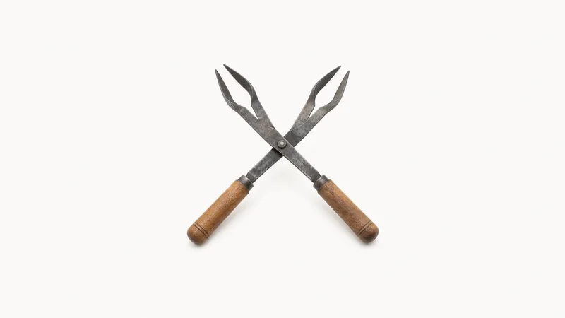 Isolated a pair of steel jacks with wooden handles laid crossed centred on a seamless pale off-white studio background, generous empty margin on every side for overlaid branding