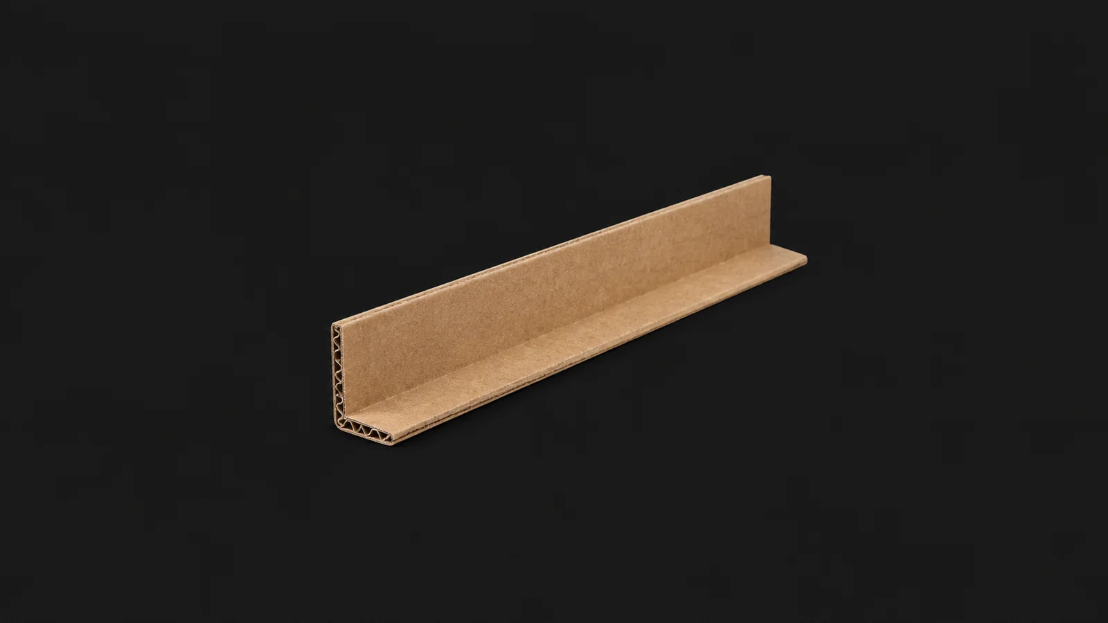 Isolated a corrugated cardboard pallet-corner protector strip centred on a seamless deep charcoal near-black studio background, generous empty margin on every side for overlaid branding