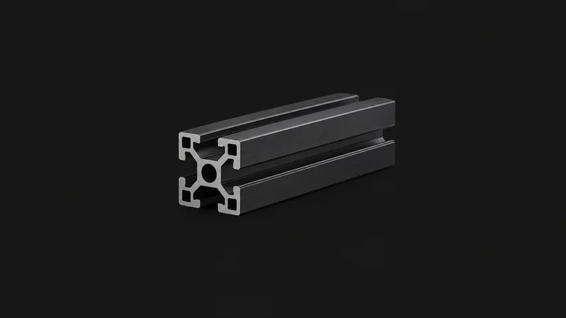 Isolated an aluminium extrusion profile with t-slot channels centred on a seamless deep charcoal near-black studio background, generous empty margin on every side for overlaid branding