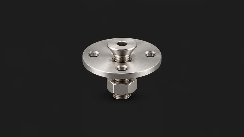 Isolated a stainless-steel countersunk bolt and nut set on a fabricated flange centred on a seamless deep charcoal near-black studio background, generous empty margin on every side for overlaid branding