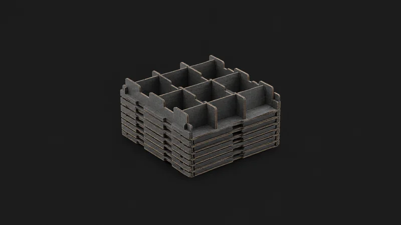 Isolated a stack of die-cut divider inserts for a shipping case centred on a seamless deep charcoal near-black studio background, generous empty margin on every side for overlaid branding