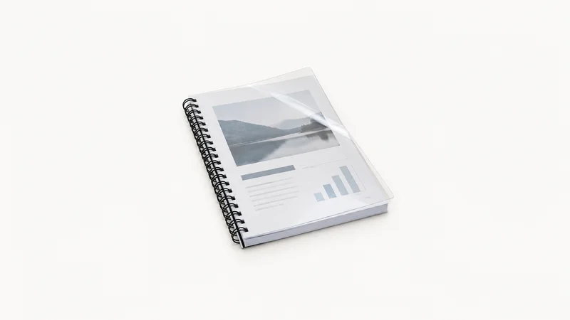 Isolated a wire-bound report with a clear acetate cover centred on a seamless pale off-white studio background, generous empty margin on every side for overlaid branding