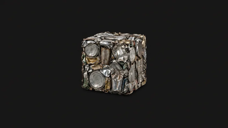 Isolated a cube of crushed steel food tins centred on a seamless deep charcoal near-black studio background, generous empty margin on every side for overlaid branding