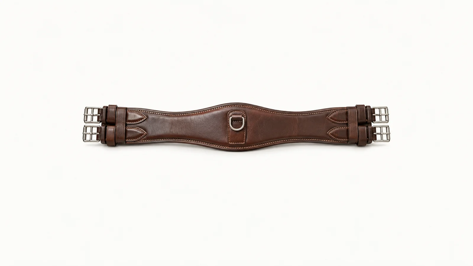 Isolated a leather girth with roller buckles centred on a seamless pale off-white studio background, generous empty margin on every side for overlaid branding