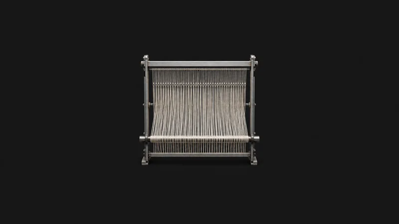 Isolated a heddle frame with threaded warp ends centred on a seamless deep charcoal near-black studio background, generous empty margin on every side for overlaid branding
