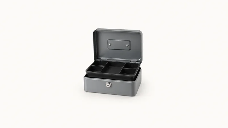 Isolated a petty-cash tin with a lift-out tray centred on a seamless pale off-white studio background, generous empty margin on every side for overlaid branding