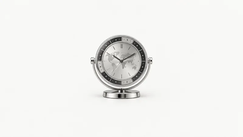 Isolated a chrome desk clock with a world-time bezel centred on a seamless pale off-white studio background, generous empty margin on every side for overlaid branding