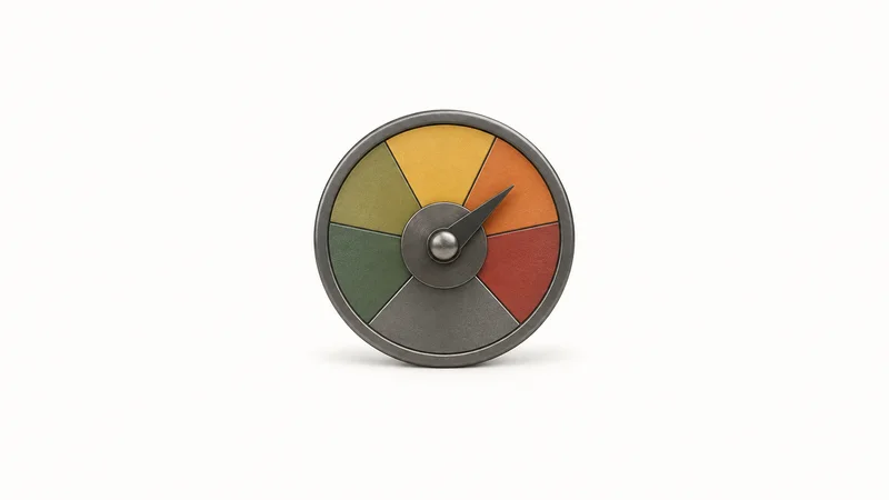 Isolated a sectioned risk-rating wheel with a rotating arrow centred on a seamless pale off-white studio background, generous empty margin on every side for overlaid branding
