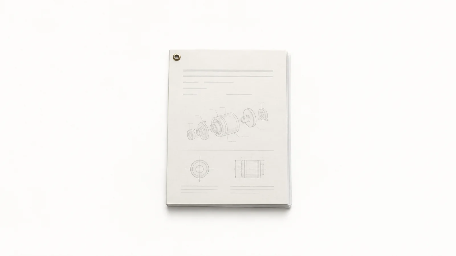 Isolated a bound patent-style booklet with a corner grommet centred on a seamless pale off-white studio background, generous empty margin on every side for overlaid branding