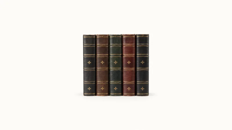 Isolated a row of gilt-spined bound law reports standing on end centred on a seamless pale off-white studio background, generous empty margin on every side for overlaid branding