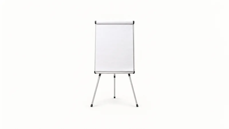 Isolated a bound blank flip-chart pad on a tripod easel centred on a seamless pale off-white studio background, generous empty margin on every side for overlaid branding
