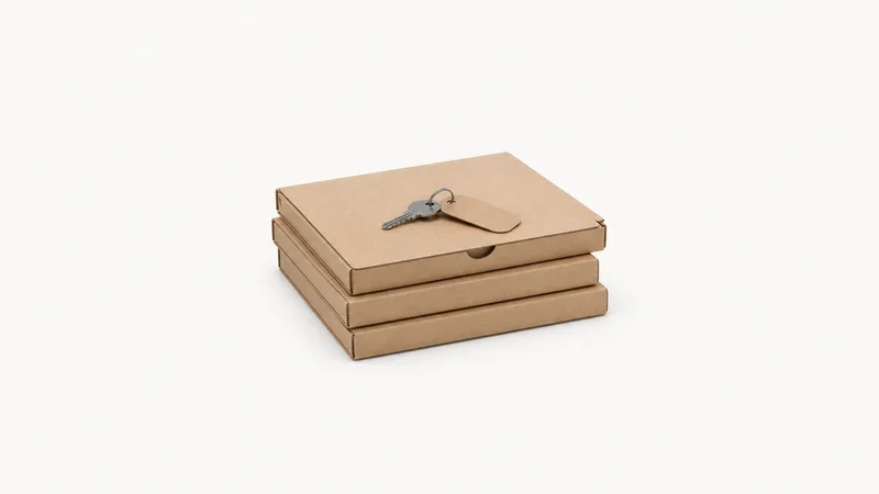 Isolated a stack of cardboard tenant welcome packs with a key tag on top centred on a seamless pale off-white studio background, generous empty margin on every side for overlaid branding