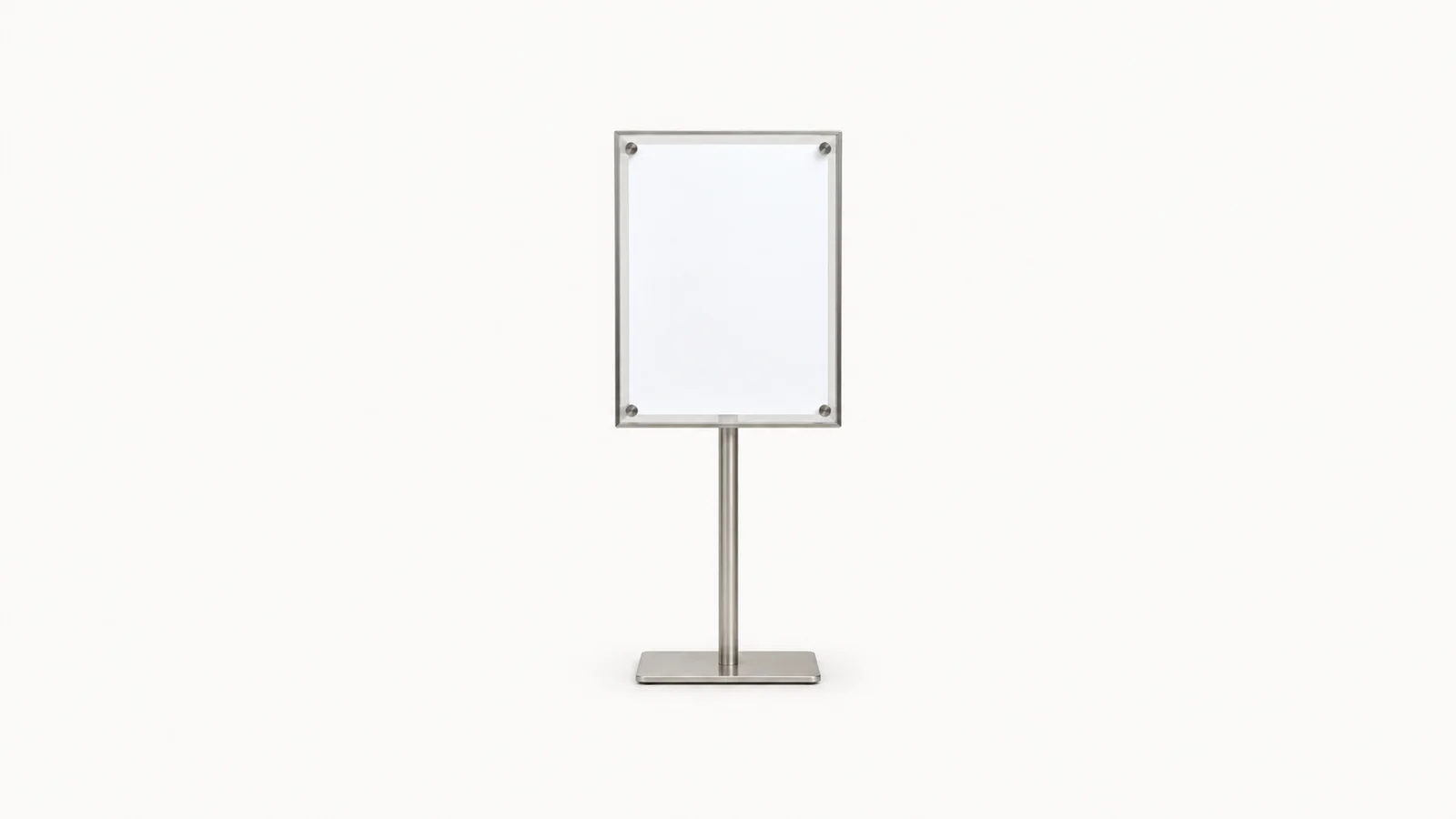 Isolated a blank estate-agency window display frame on a stand centred on a seamless pale off-white studio background, generous empty margin on every side for overlaid branding