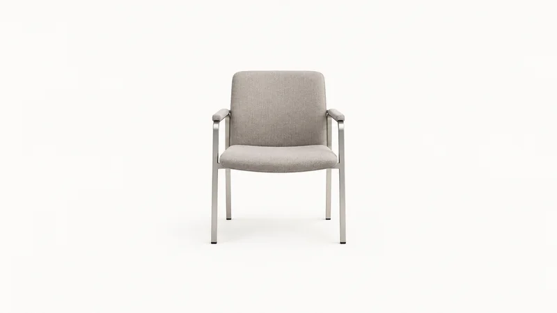 Isolated an empty interview chair with a brushed steel frame centred on a seamless pale off-white studio background, generous empty margin on every side for overlaid branding