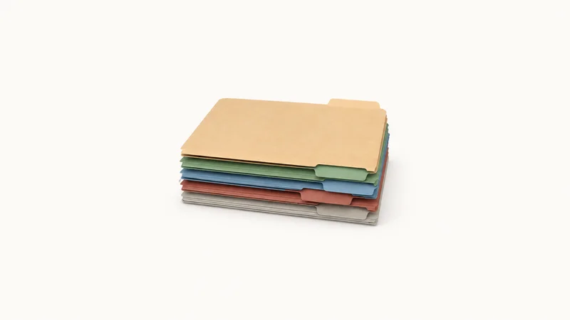 Isolated a stack of coloured document folders each with a tab flag centred on a seamless pale off-white studio background, generous empty margin on every side for overlaid branding