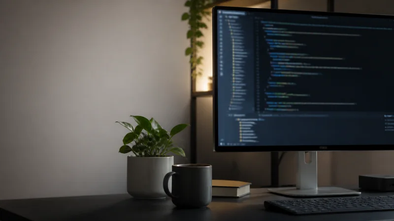 Close, clean detail of the workstation with code on screen, soft even indoor light, no people in frame