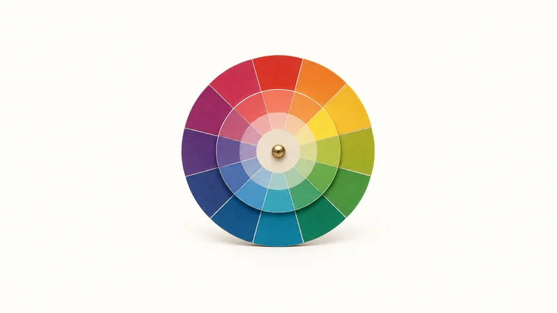 Isolated a colour wheel disc with a rotating overlay centred on a seamless pale off-white studio background, generous empty margin on every side for overlaid branding