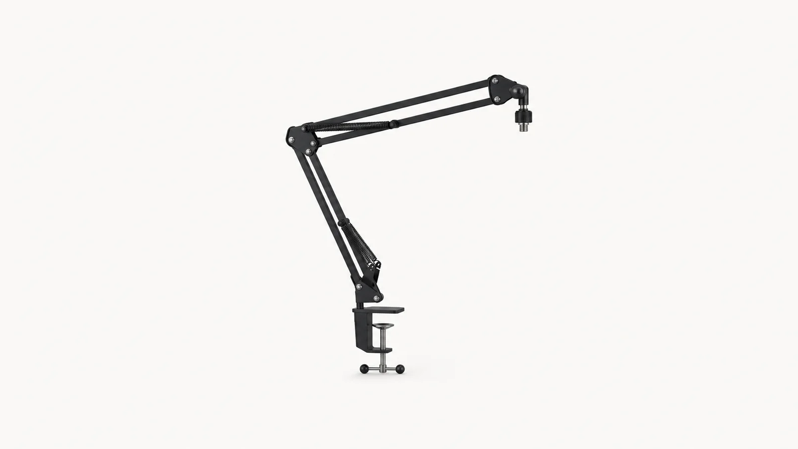 Isolated a desktop microphone arm with a clamp base centred on a seamless pale off-white studio background, generous empty margin on every side for overlaid branding