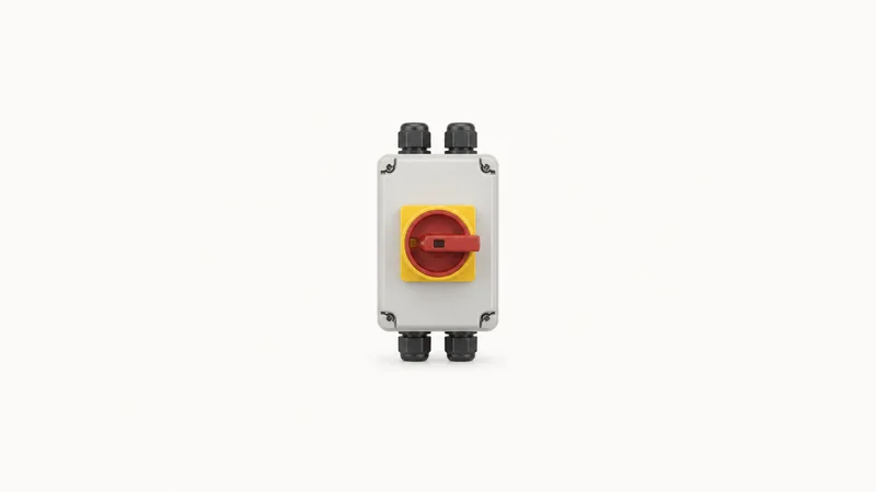 Isolated a DC isolator switch in a weatherproof housing centred on a seamless pale off-white studio background, generous empty margin on every side for overlaid branding