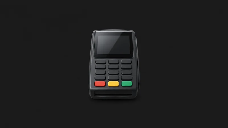 Isolated a countertop pin-pad with raised tactile keys centred on a seamless deep charcoal near-black studio background, generous empty margin on every side for overlaid branding