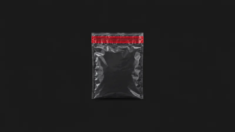 Isolated a tamper-evident security seal bag with a red closure strip centred on a seamless deep charcoal near-black studio background, generous empty margin on every side for overlaid branding