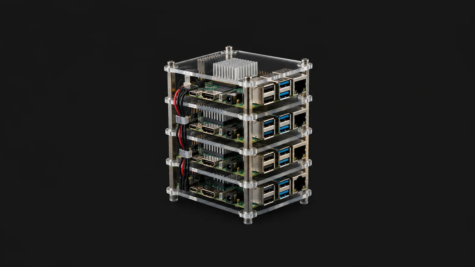 Isolated a single-board computer cluster on a stacked acrylic frame centred on a seamless deep charcoal near-black studio background, generous empty margin on every side for overlaid branding