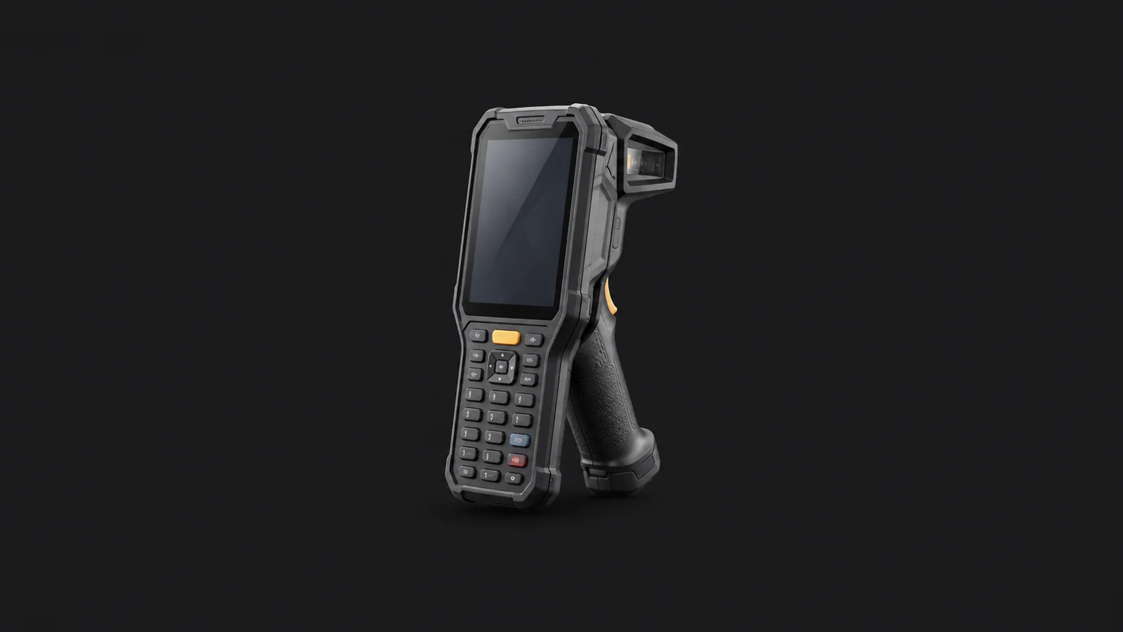 Isolated a rugged handheld inventory terminal with a pistol grip centred on a seamless deep charcoal near-black studio background, generous empty margin on every side for overlaid branding