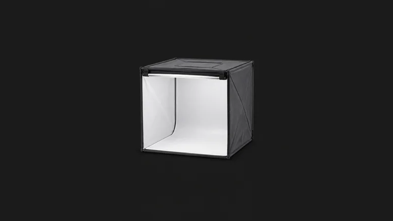 Isolated a folding tabletop photography lightbox centred on a seamless deep charcoal near-black studio background, generous empty margin on every side for overlaid branding