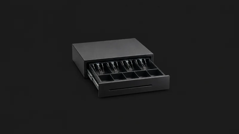 Isolated a black cash drawer with the tray pulled out centred on a seamless deep charcoal near-black studio background, generous empty margin on every side for overlaid branding
