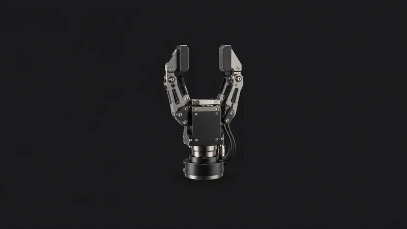 Isolated a robotic gripper hand in a resting pose centred on a seamless deep charcoal near-black studio background, generous empty margin on every side for overlaid branding