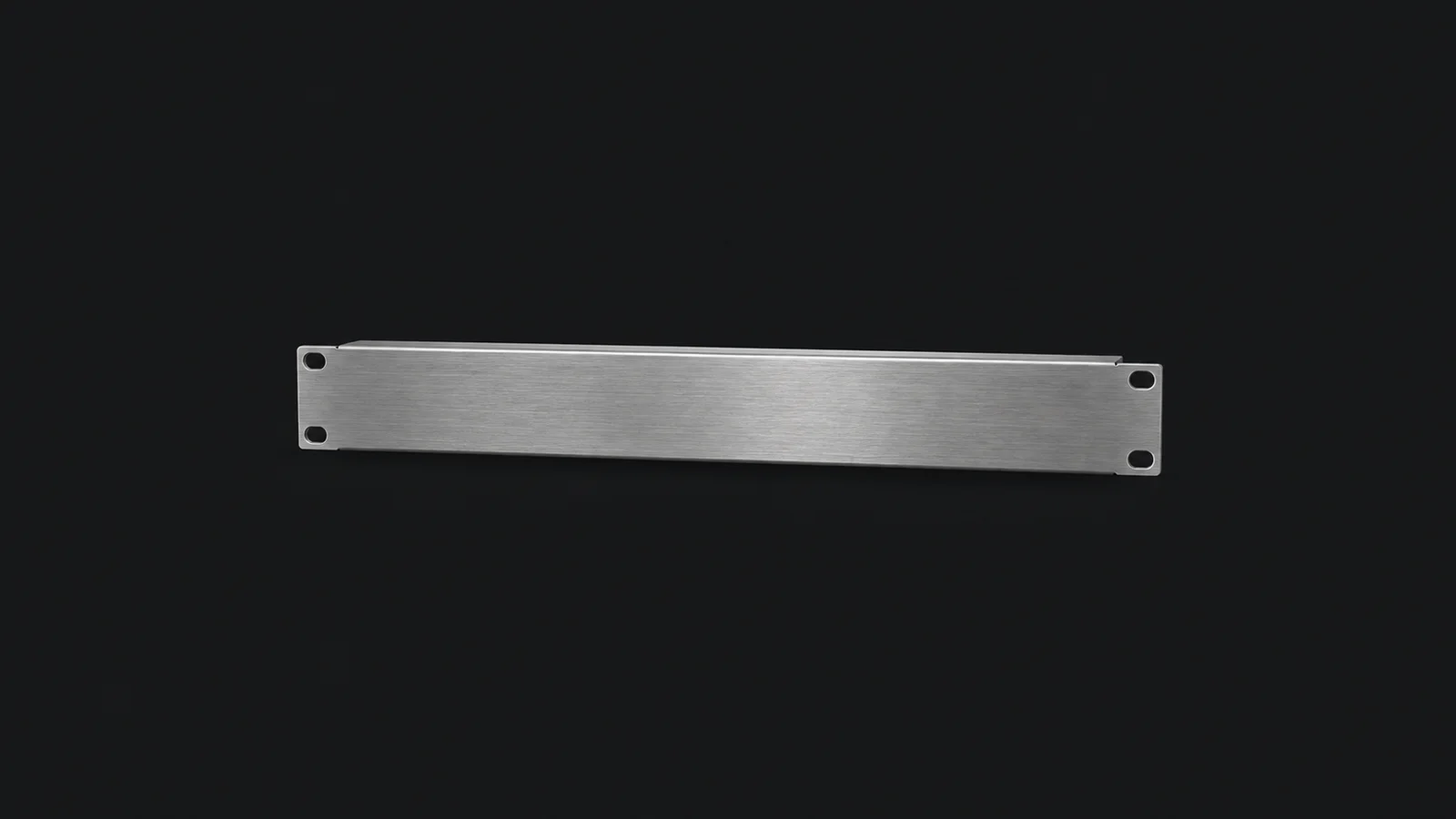 Isolated a rack blanking panel in brushed steel centred on a seamless deep charcoal near-black studio background, generous empty margin on every side for overlaid branding
