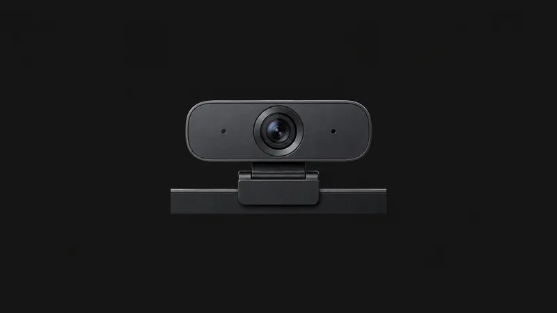 Isolated a webcam clipped to a monitor edge for video interviewing centred on a seamless deep charcoal near-black studio background, generous empty margin on every side for overlaid branding
